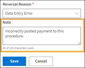 Payment Reversal window with yellow highlight box around the Note section.